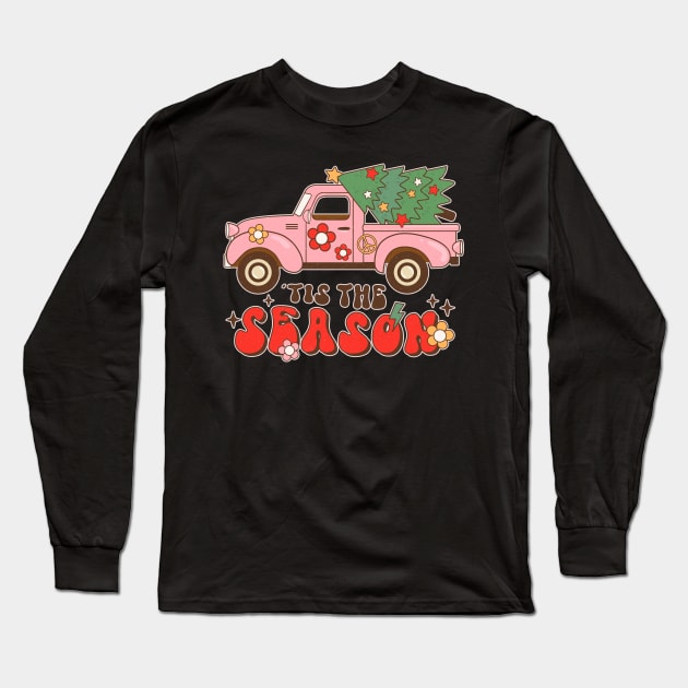 Merry Christmas Tis The Season Retro Truck Christmas Tree Long Sleeve T-Shirt by SilverLake